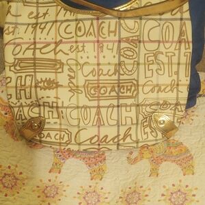Coach Cream and Gold Signature Shoulder Bag